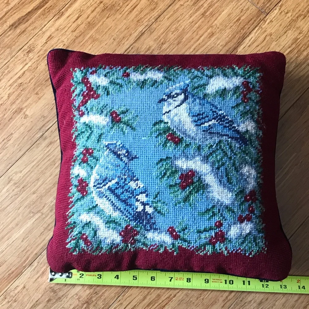 NWT Lands' End Holiday Blue Jays with Berries 12 x 12 Needlepoint Pillow